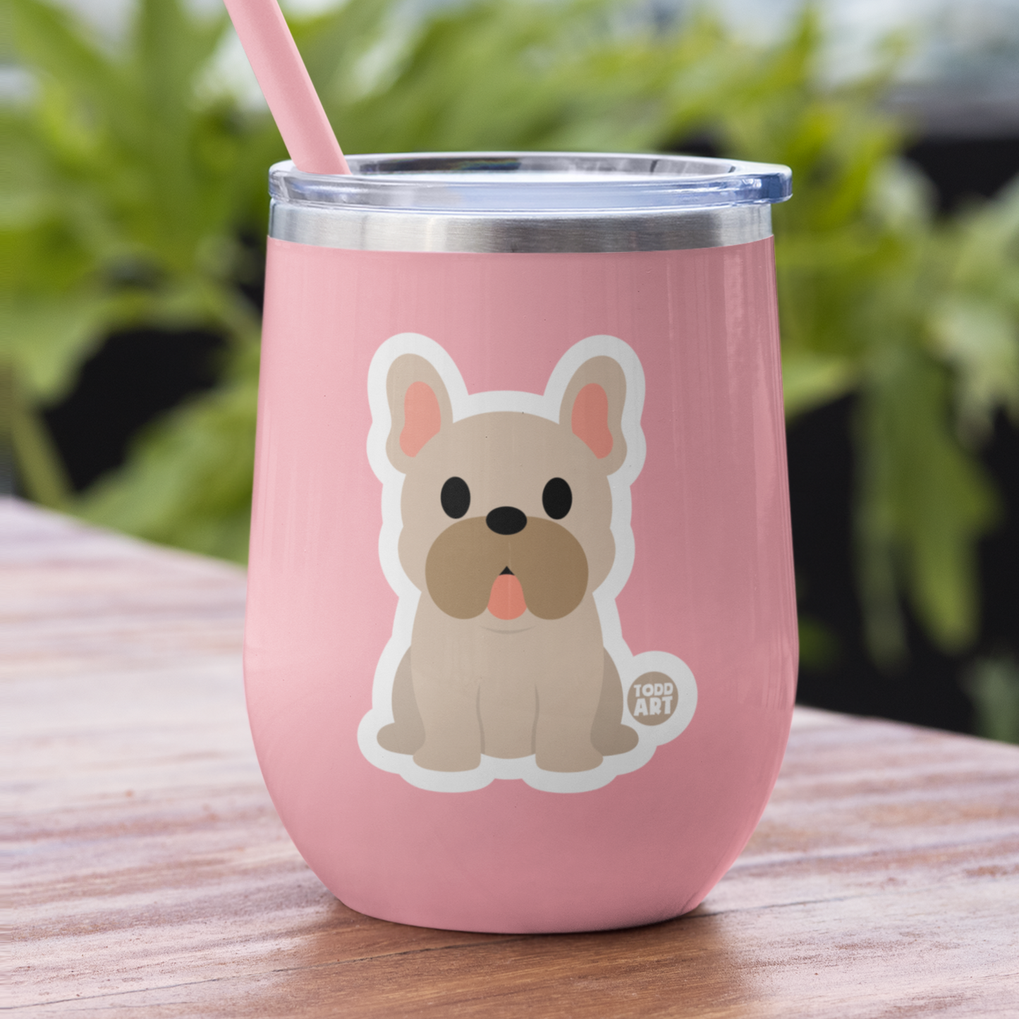 Pink tumbler with Boo-Boo Buddies® collectible vinyl sticker featuring a cute French Bulldog – ideal for decorating laptops, water bottles, notebooks, and gifts for dog lovers