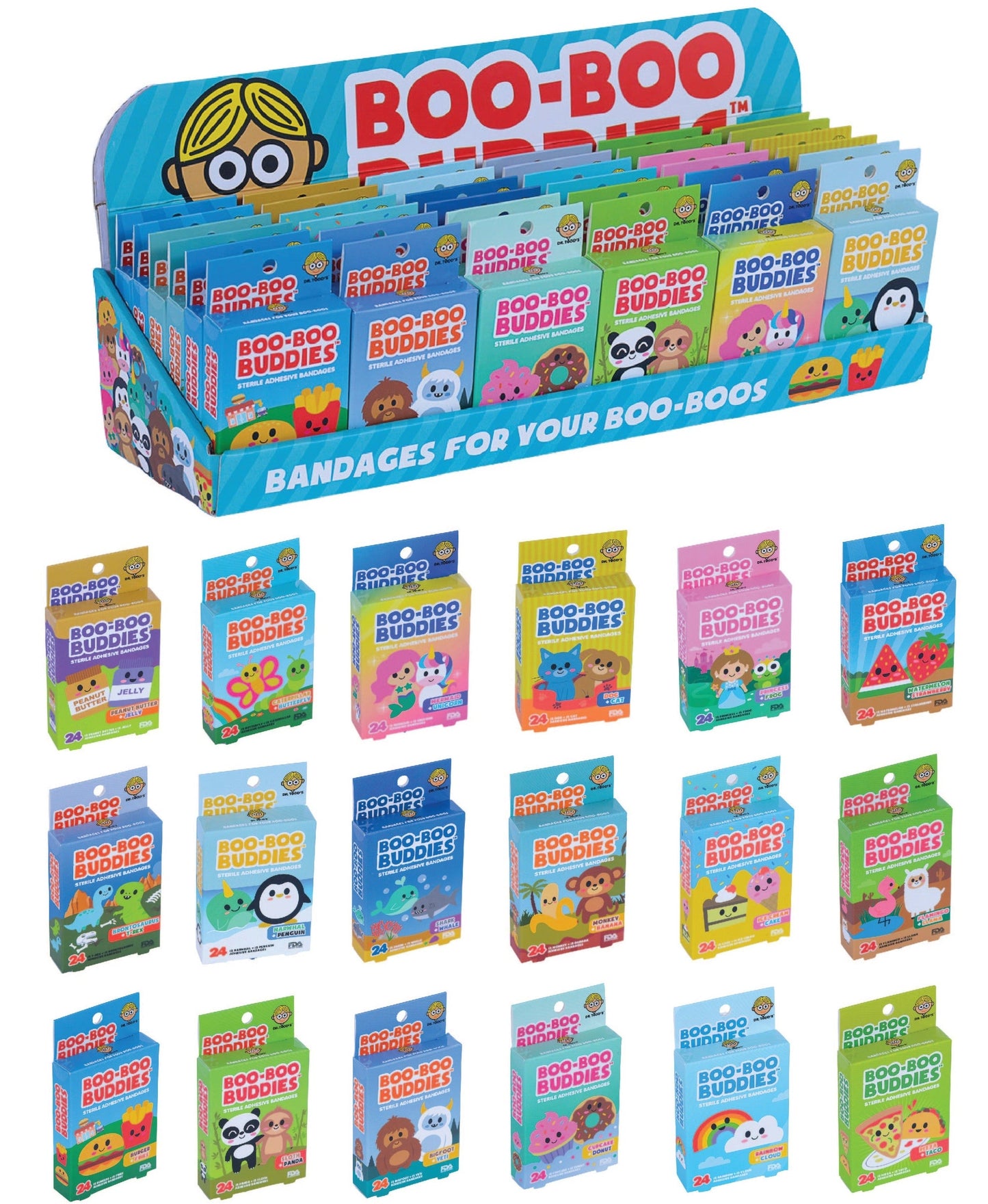 A display case containing multiple colorful bandage boxes with cartoon designs.