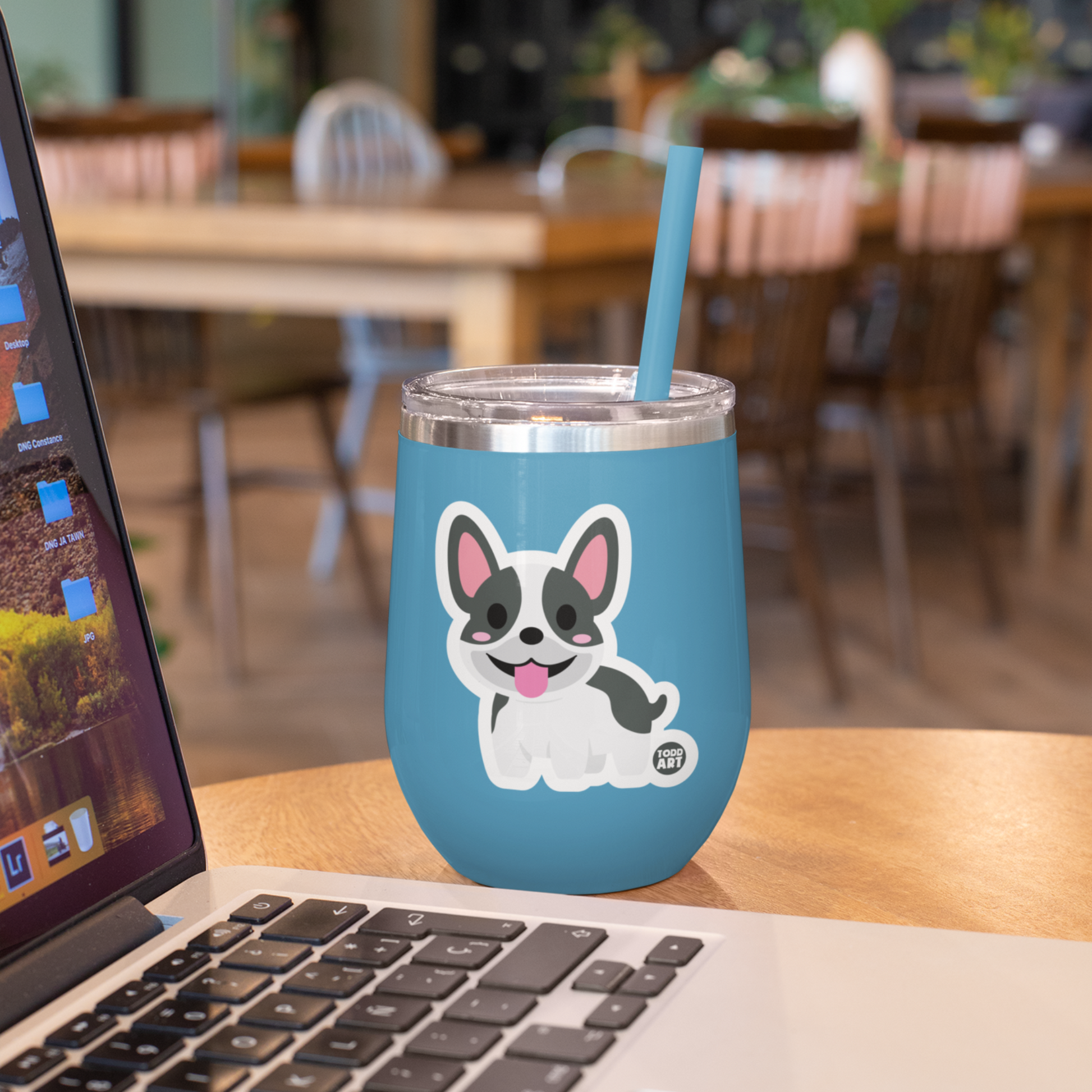 Happy Boston Terrier with pink cheeks – cute dog sticker on a tumbler from Boo Boo Buddies
