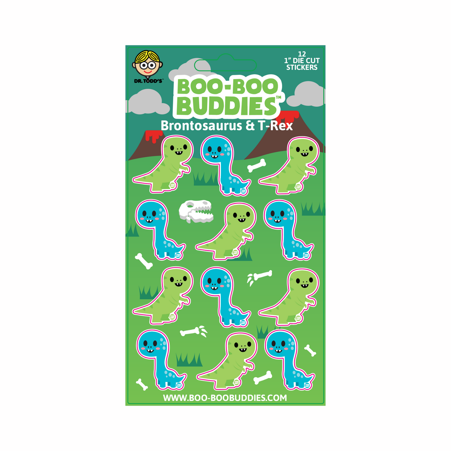 Roaring fun 1-inch vinyl stickers with T-Rex and brontosaurus—perfect for decorating crafts, water bottles, notebooks, and dino parties.