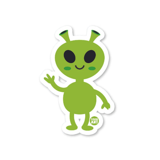 A die-cut vinyl sticker of a cute green alien with a friendly expression, standing upright.