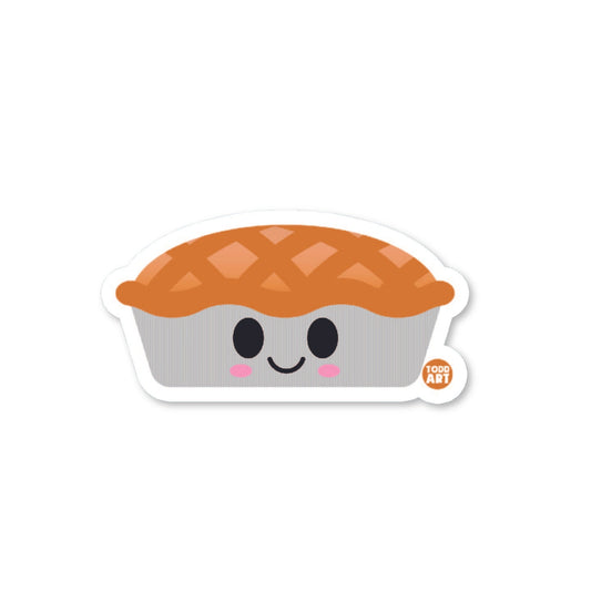 A die-cut vinyl sticker of an apple pie with a smiling face and a brown lattice top.