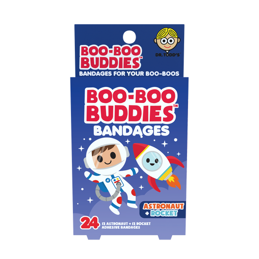 Boo-Boo Buddies bandages packaging with astronaut and rocket design on a blue background