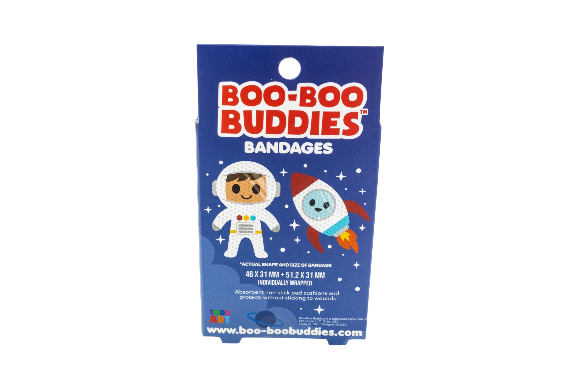 Astronaut and rocket-shaped kids bandages by Dr. Todd’s Boo-Boo Buddies – waterproof, latex-free, 24 count
