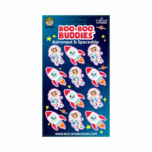 1-inch astronaut and rocket stickers on a collectible sticker sheet from Boo-Boo Buddies featuring 12 space-themed toy stickers for kids