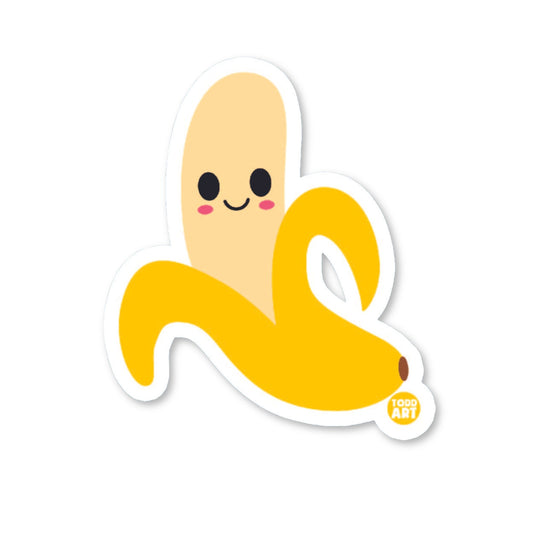 A die-cut vinyl sticker of a smiling banana, with a glossy finish.
