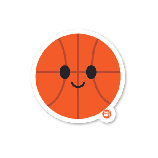 A die-cut vinyl sticker of a smiling basketball character designed with a white outline and a high-quality glossy finish.