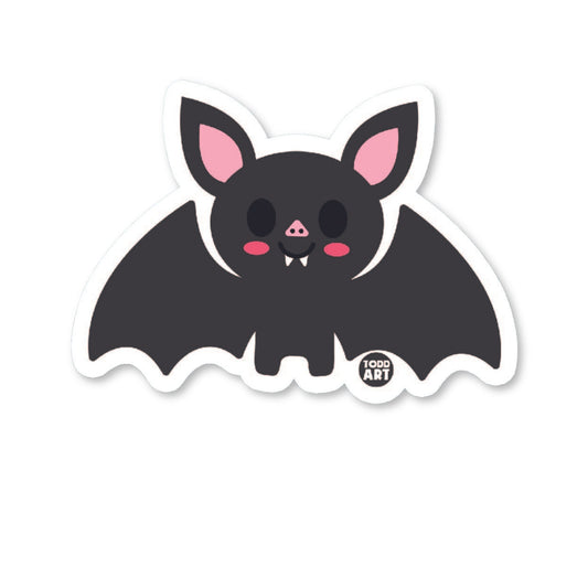 A die-cut vinyl sticker of a cute cartoon bat with a glossy finish.