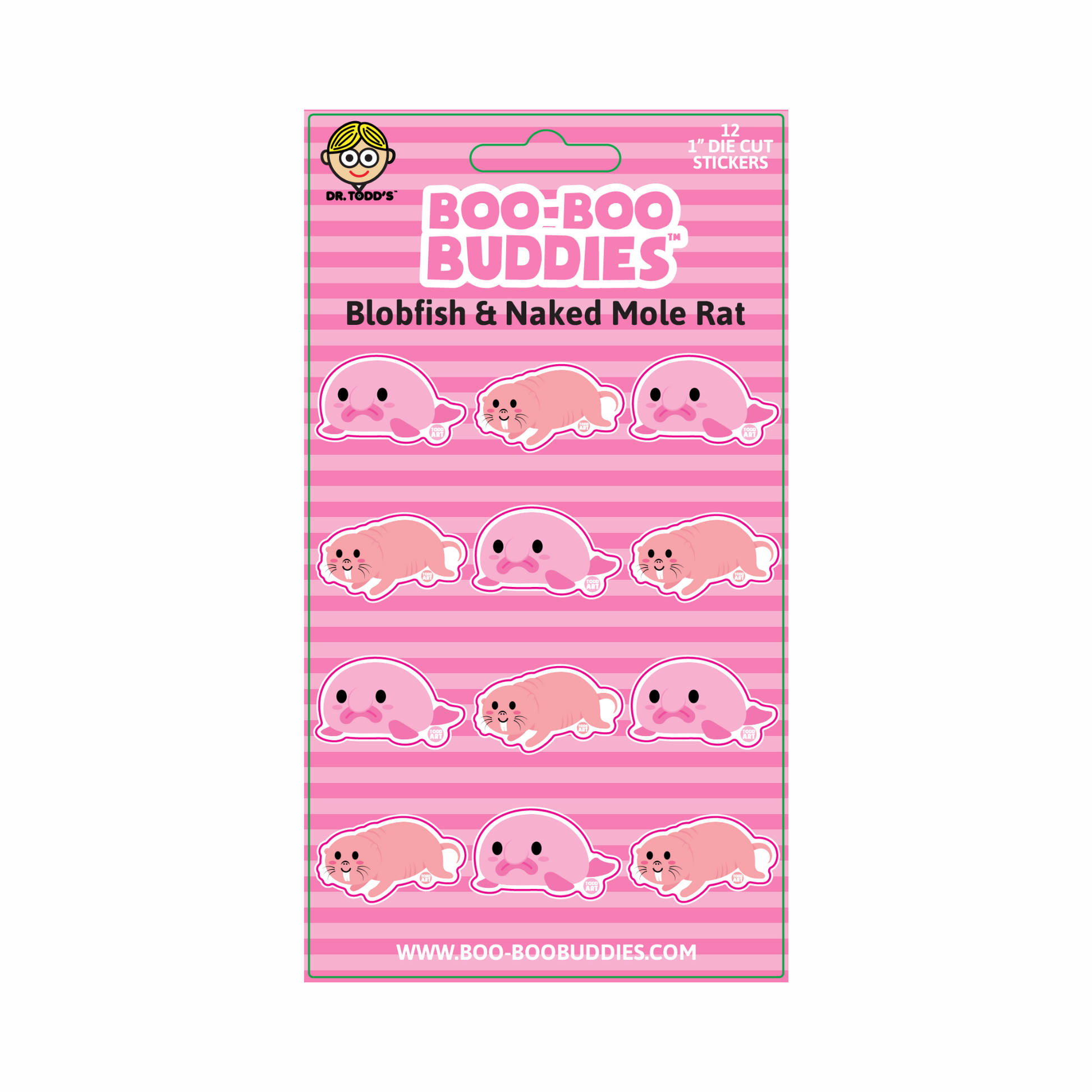Boo-Boo Buddies® Blobfish and Naked Mole Rat sticker sheet featuring 12 cute 1-inch vinyl stickers in pink tones with adorable cartoon blobfish and mole rat characters on striped background

