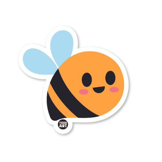 A die-cut vinyl sticker of a cute cartoon bumble bee with a smiling face, predominantly in orange and black colors with light blue accents.