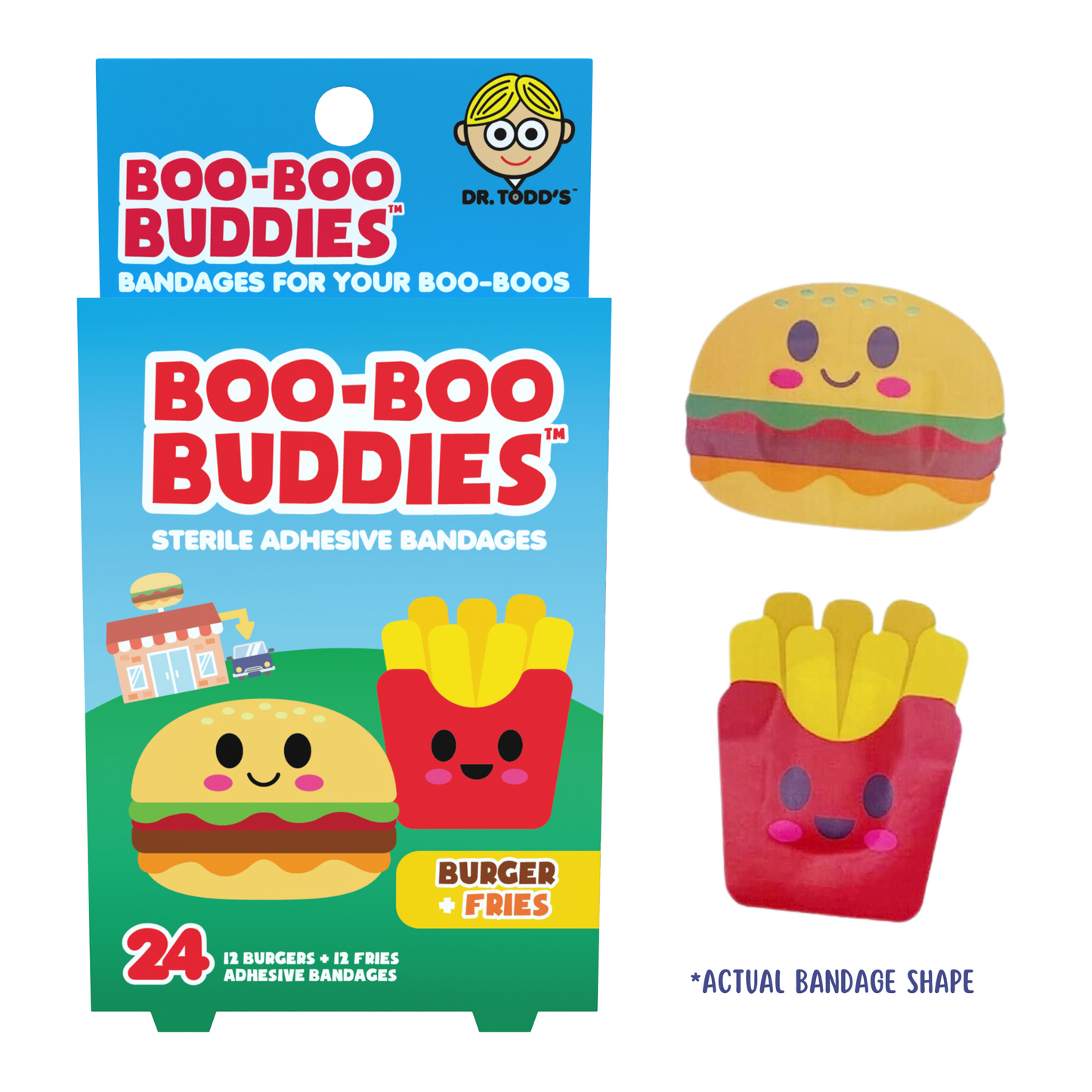 Kids Bandages – Burger + Fries (24 Count, Latex-Free)