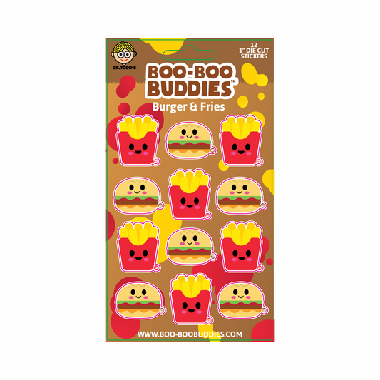 Funny 1-inch vinyl stickers with smiling burgers and fries—perfect for decorating lunchboxes, crafts, notebooks, and party favors.