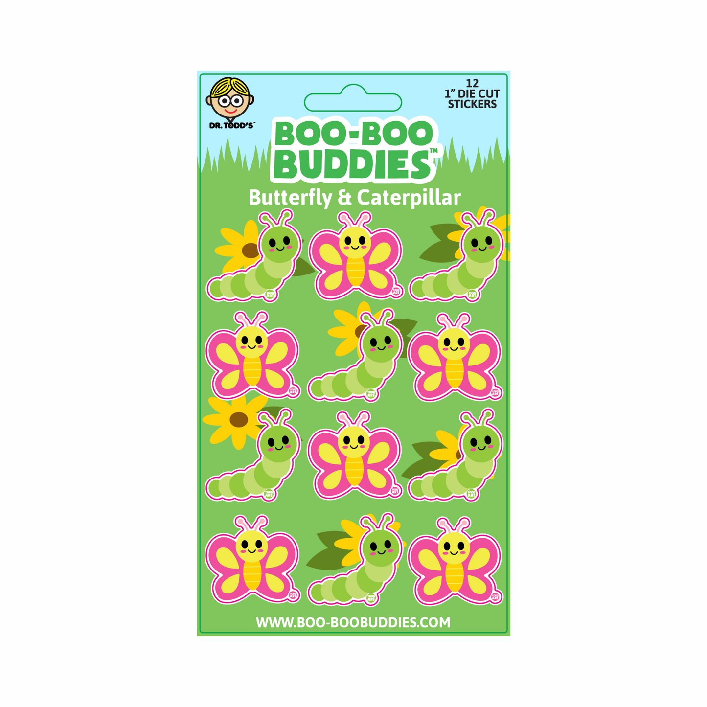 Colorful 1-inch vinyl stickers with butterflies and caterpillars—perfect for kids' crafts, spring journals, notebooks, and water bottles.
