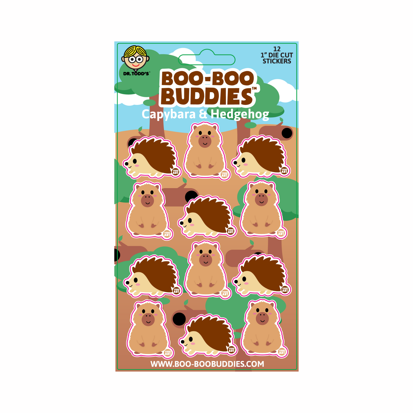 Adorable 1-inch vinyl stickers with smiling capybaras and hedgehogs—perfect for decorating crafts, bottles, notebooks, and lunchboxes.