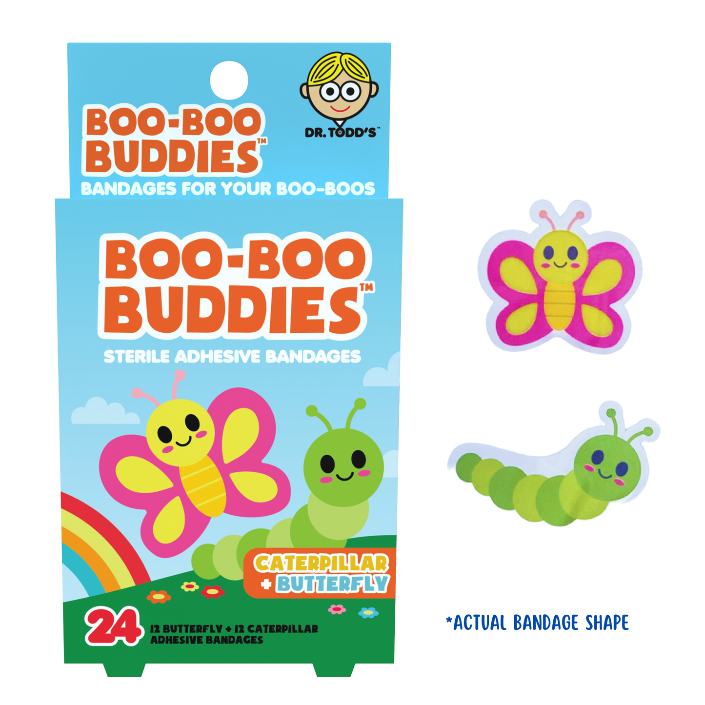Kids Bandages – Caterpillar + Butterfly (24 Count, Latex-Free)