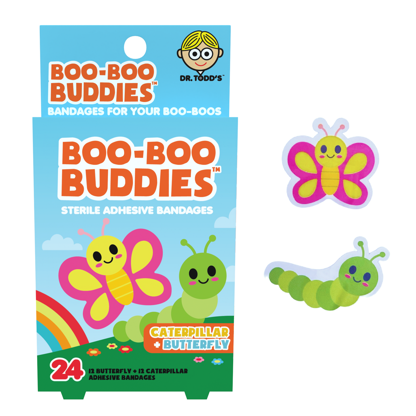 Kids Bandages – Caterpillar + Butterfly (24 Count, Latex-Free)