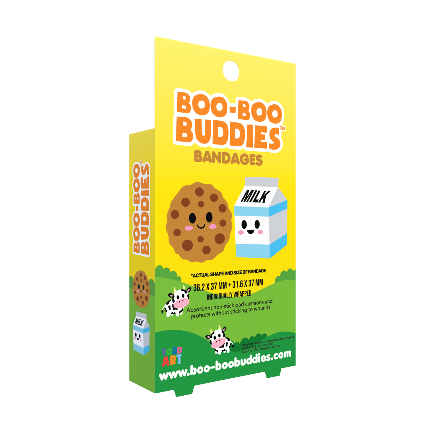 Box of Boo-Boo Buddies bandages with cartoon cookie and milk design on a white background