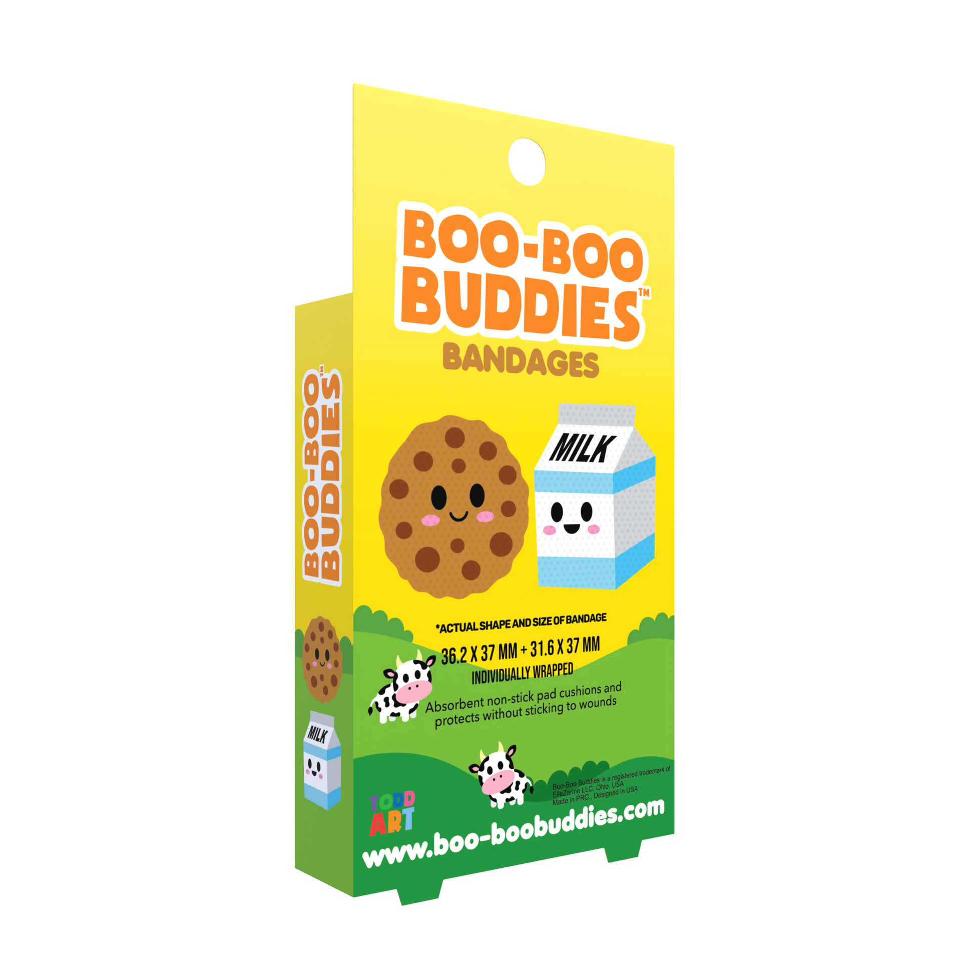 Box of Boo-Boo Buddies bandages with cartoon cookie and milk design on a white background