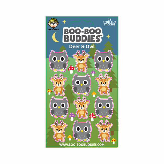 Boo-Boo Buddies® Deer & Owl Sticker Sheet featuring 12 1-inch woodland stickers—includes adorable forest deer and sleepy owls, perfect for decorating notebooks, reward charts, nature-themed crafts, and party favors

