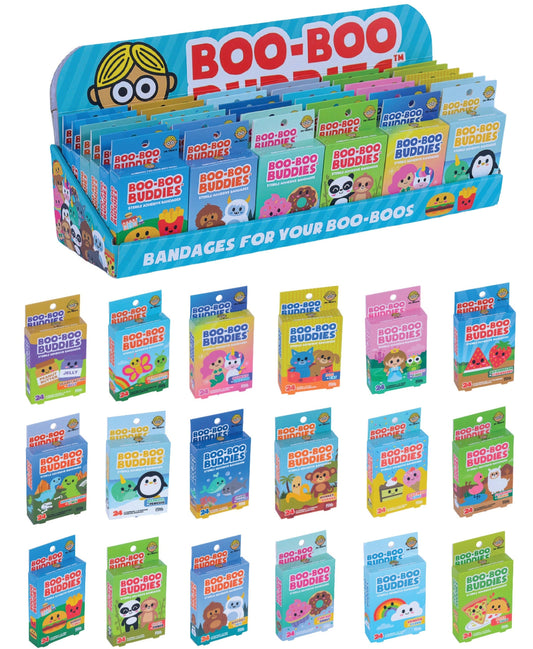 A display case containing multiple colorful bandage boxes with cartoon designs.