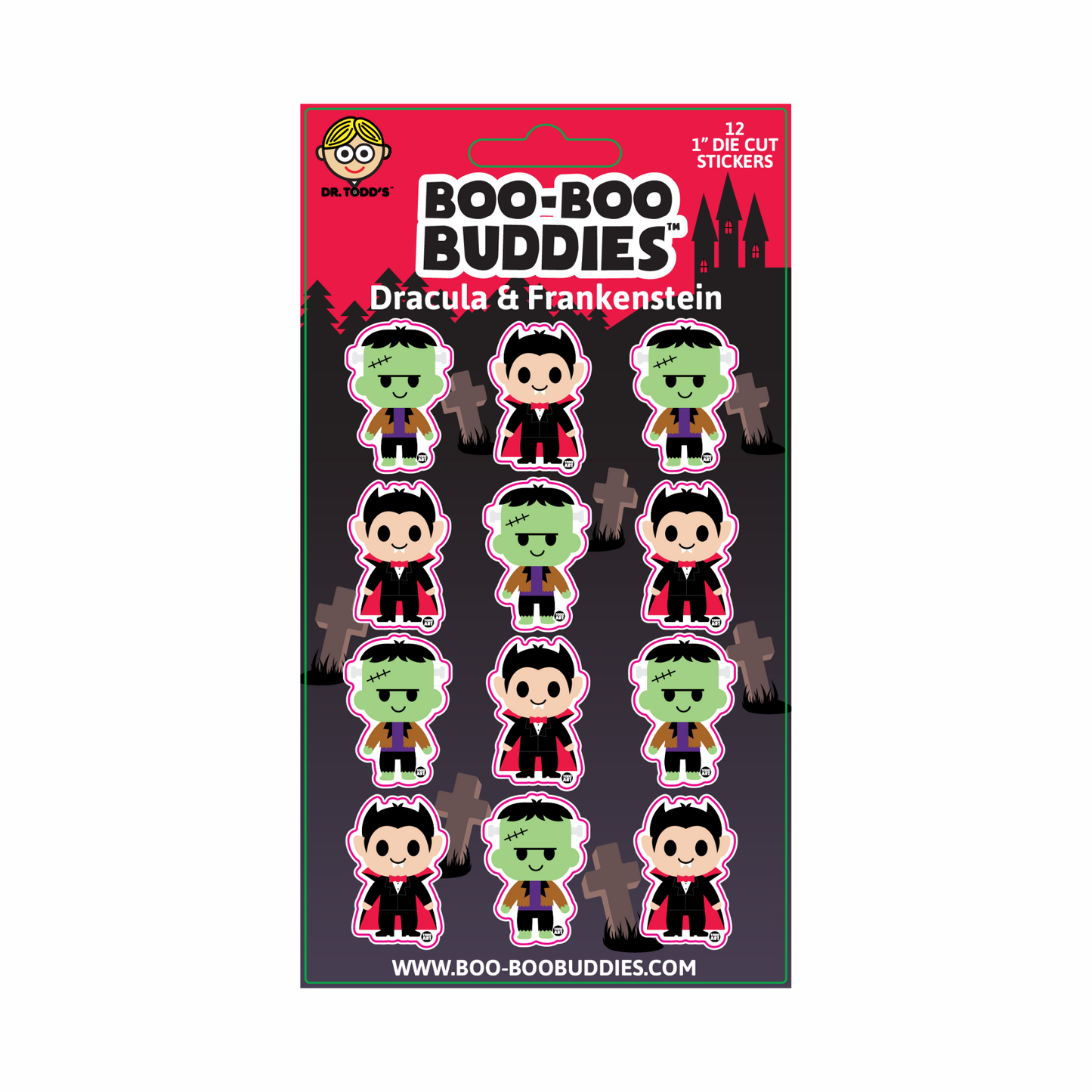 Boo-Boo Buddies® Dracula and Frankenstein Sticker Sheet with 12 collectible 1-inch Halloween stickers featuring cute vampire and monster characters—ideal for crafts, goodie bags, and spooky fun
