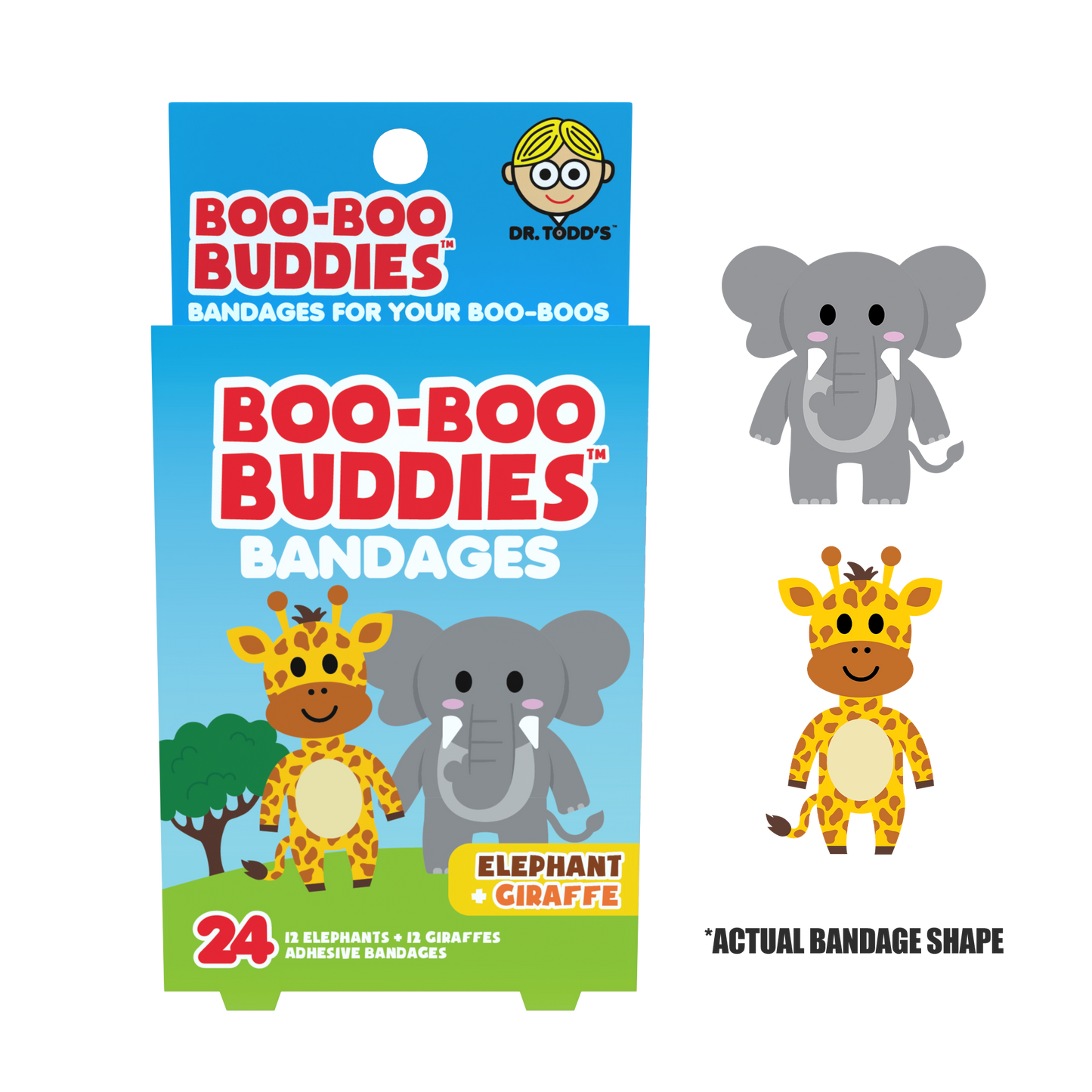 Kids Bandages – Elephant + Giraffe (24 Count, Latex-Free)