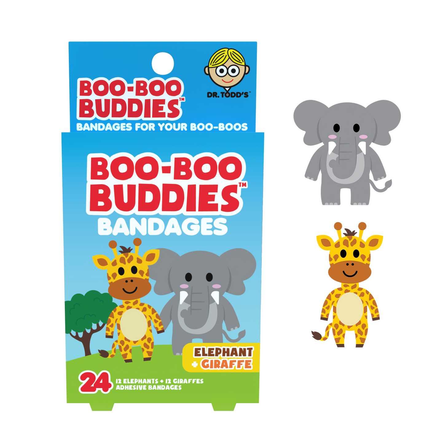 Kids Bandages – Elephant + Giraffe (24 Count, Latex-Free)