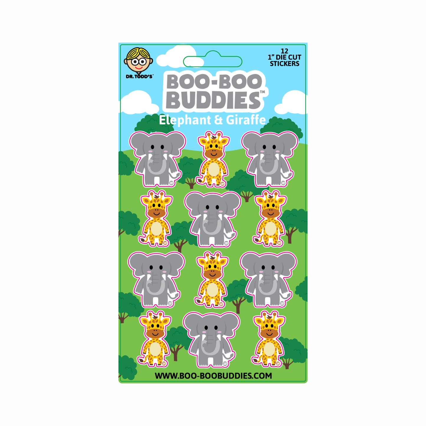 Adorable 1-inch vinyl stickers with a cheerful elephant and giraffe—perfect for safari-themed crafts, bottles, and party favors.