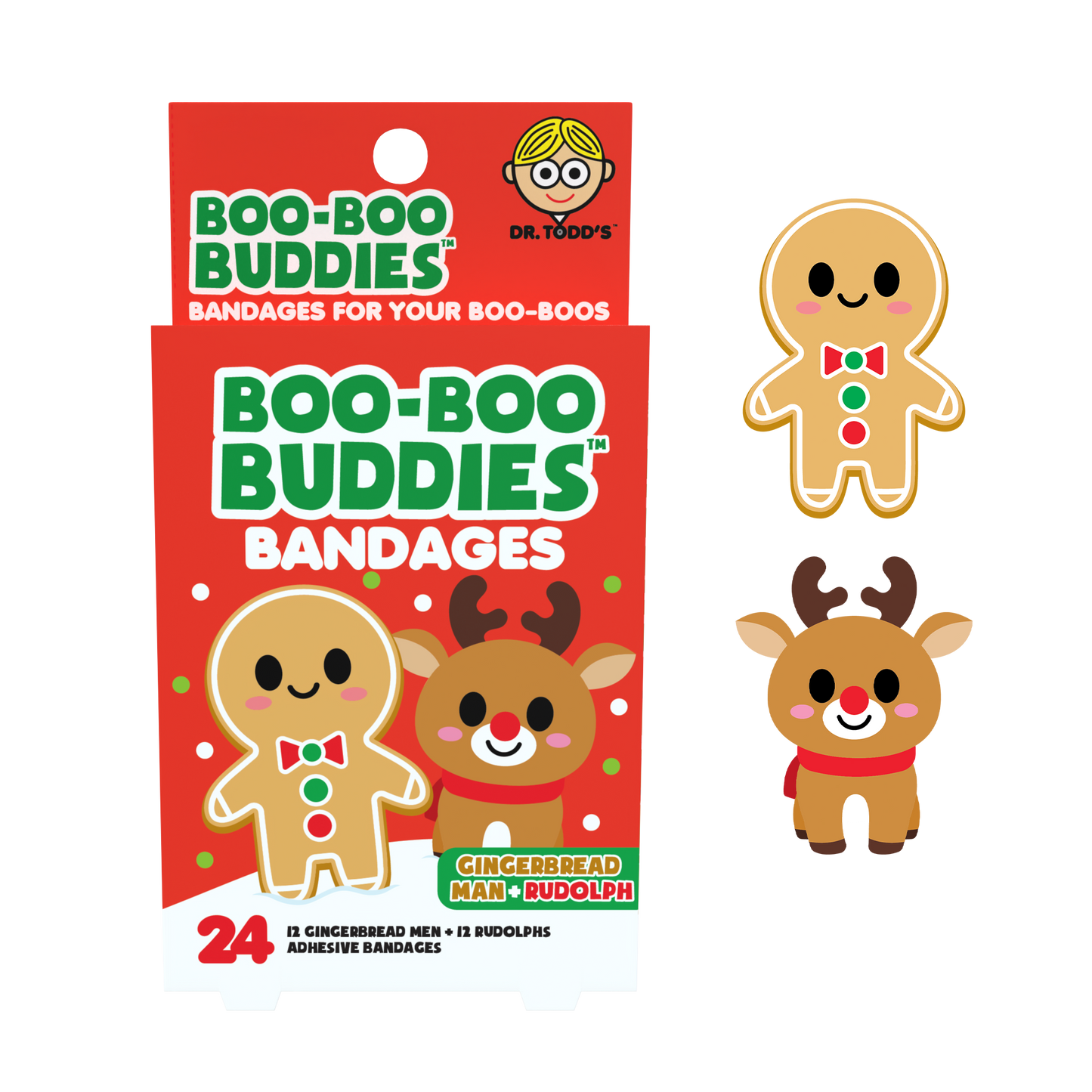Kids Bandages – Gingerbread Man + Rudolph (24 Count, Latex-Free)