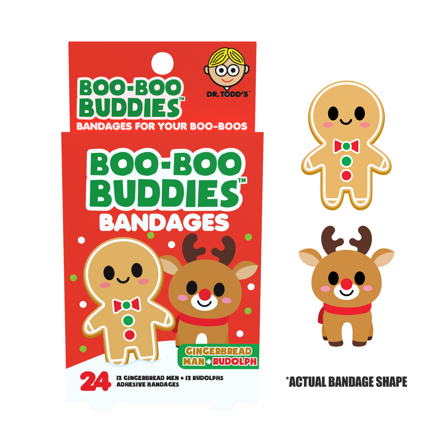 Kids Bandages – Gingerbread Man + Rudolph (24 Count, Latex-Free)