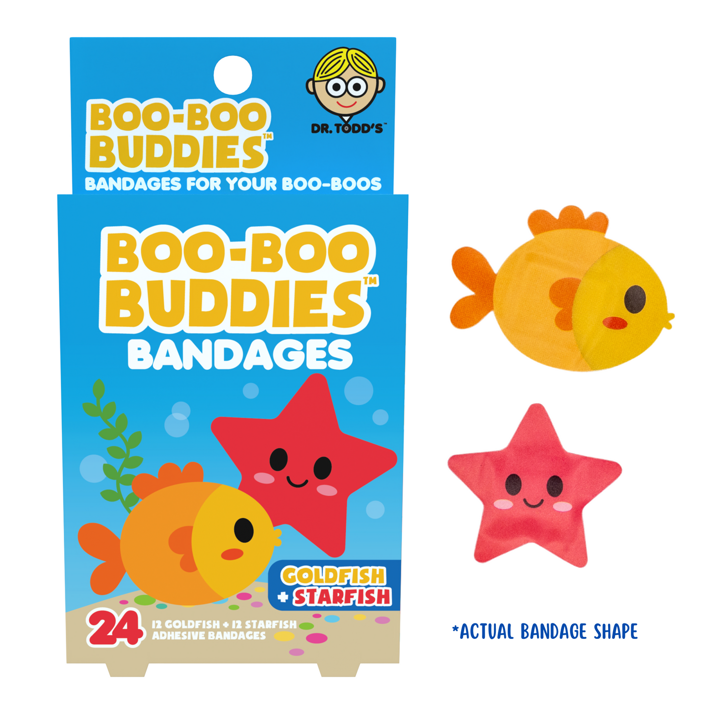 Kids Bandages – Goldfish + Starfish (24 Count, Latex-Free)