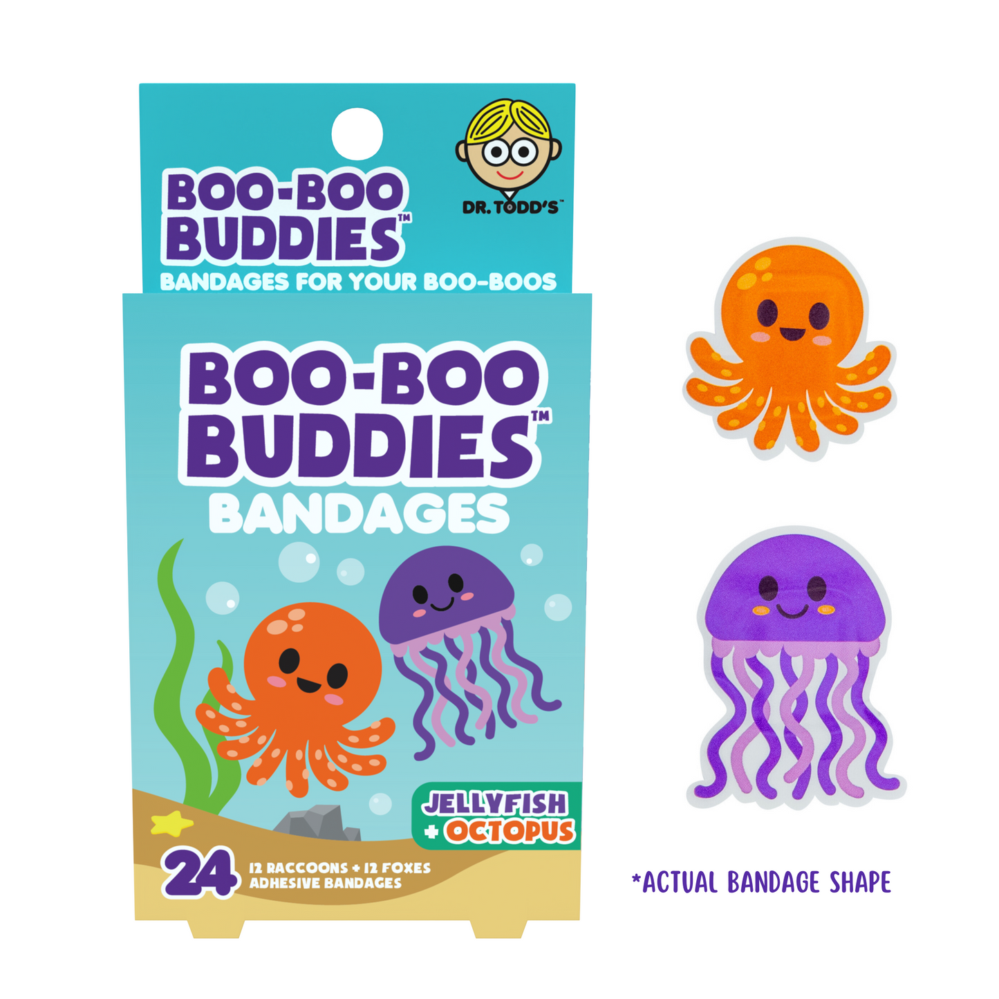 Kids Bandages – Octopus + Jellyfish (24 Count, Latex-Free)