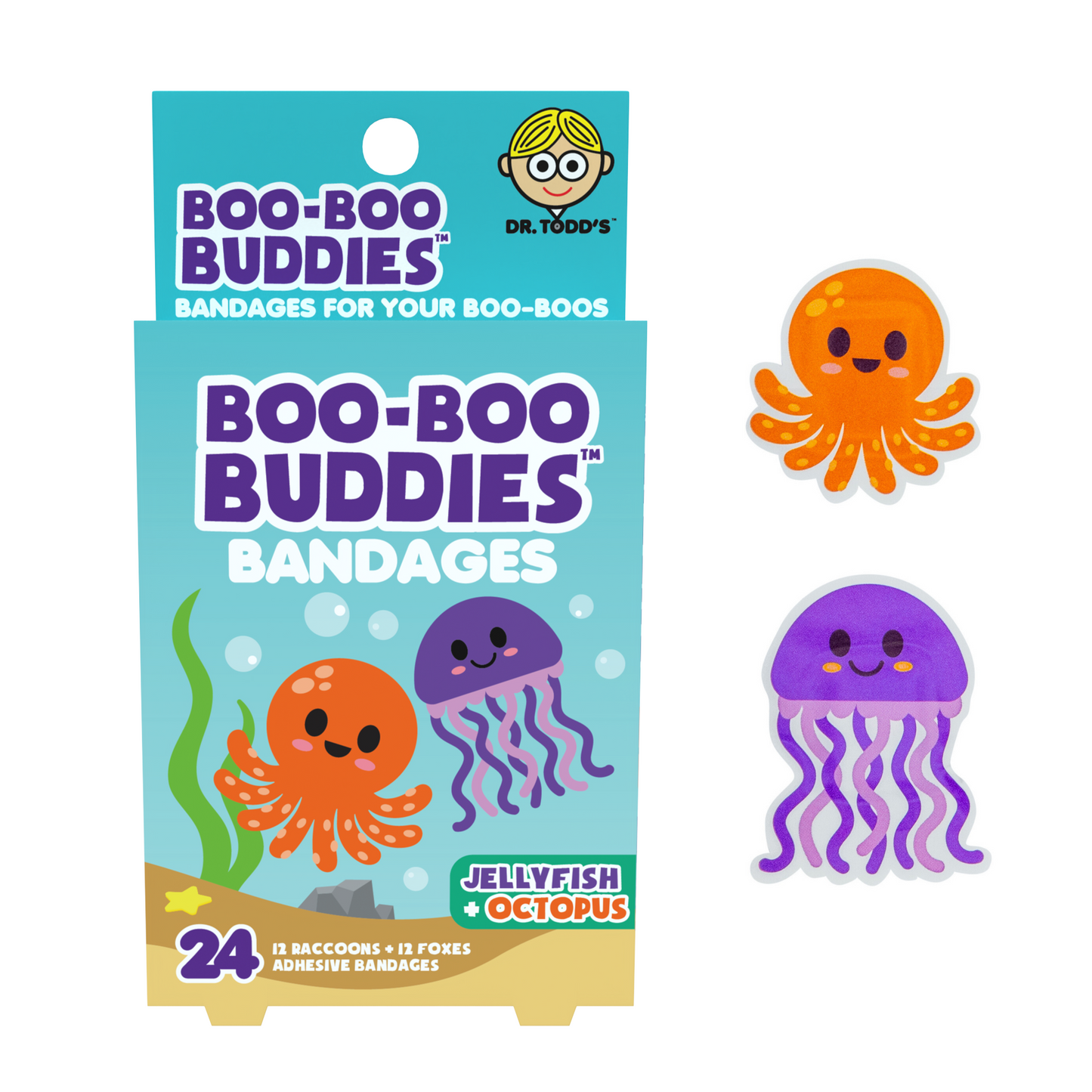 Kids Bandages – Octopus + Jellyfish (24 Count, Latex-Free)