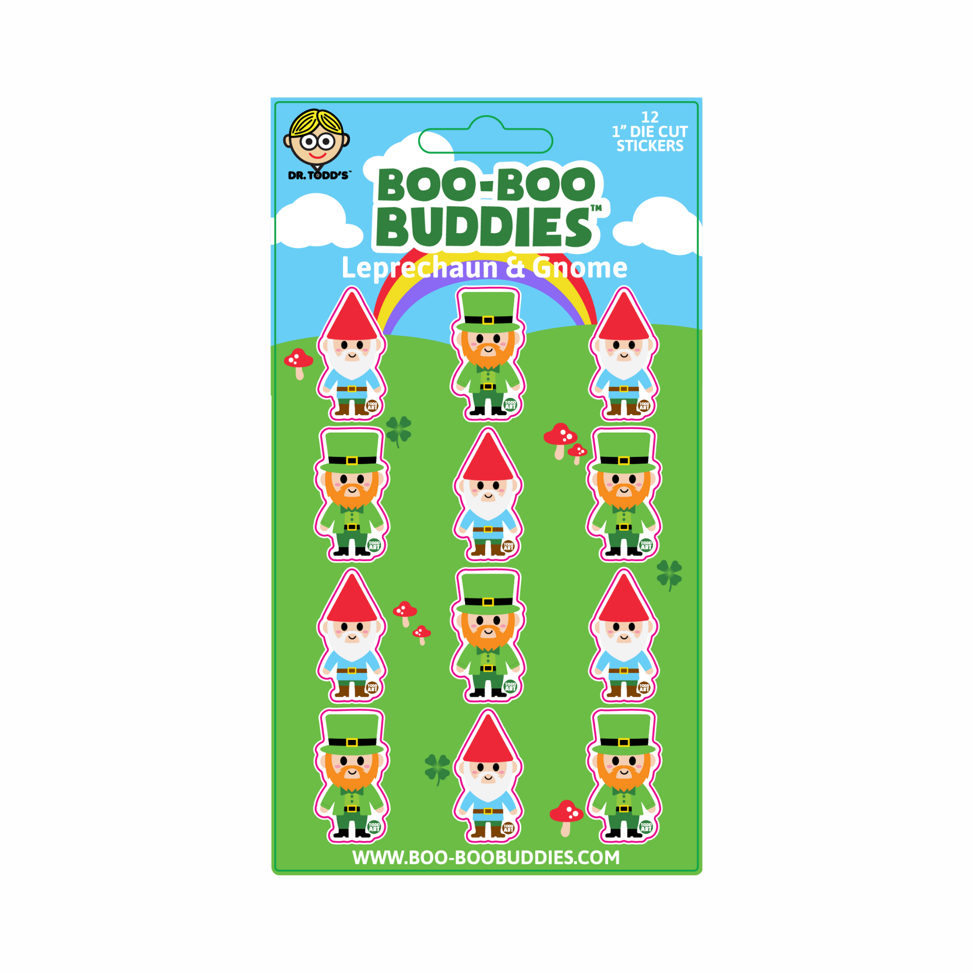 Whimsical 1-inch vinyl stickers with lucky leprechauns and cheerful gnomes—perfect for crafts, water bottles, and holiday decorations.
