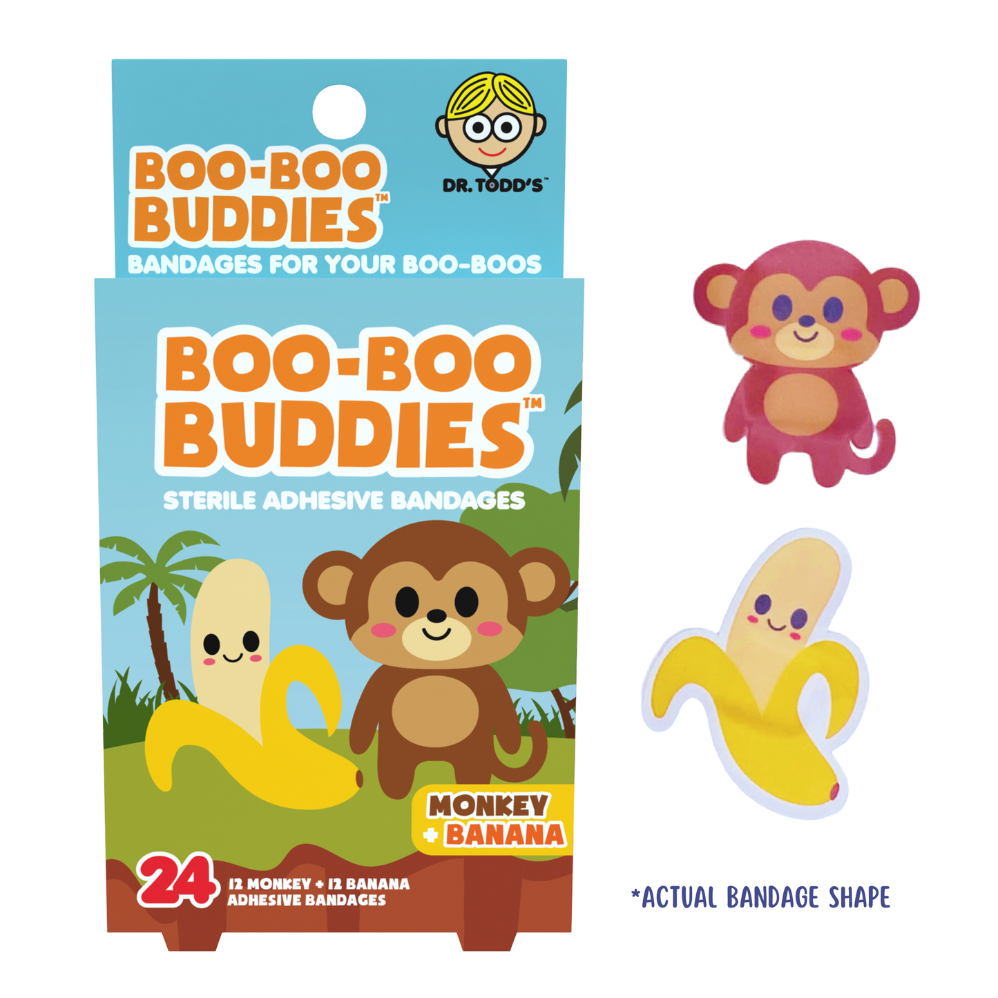 Kids Bandages – Monkey + Banana (24 Count, Latex-Free)
