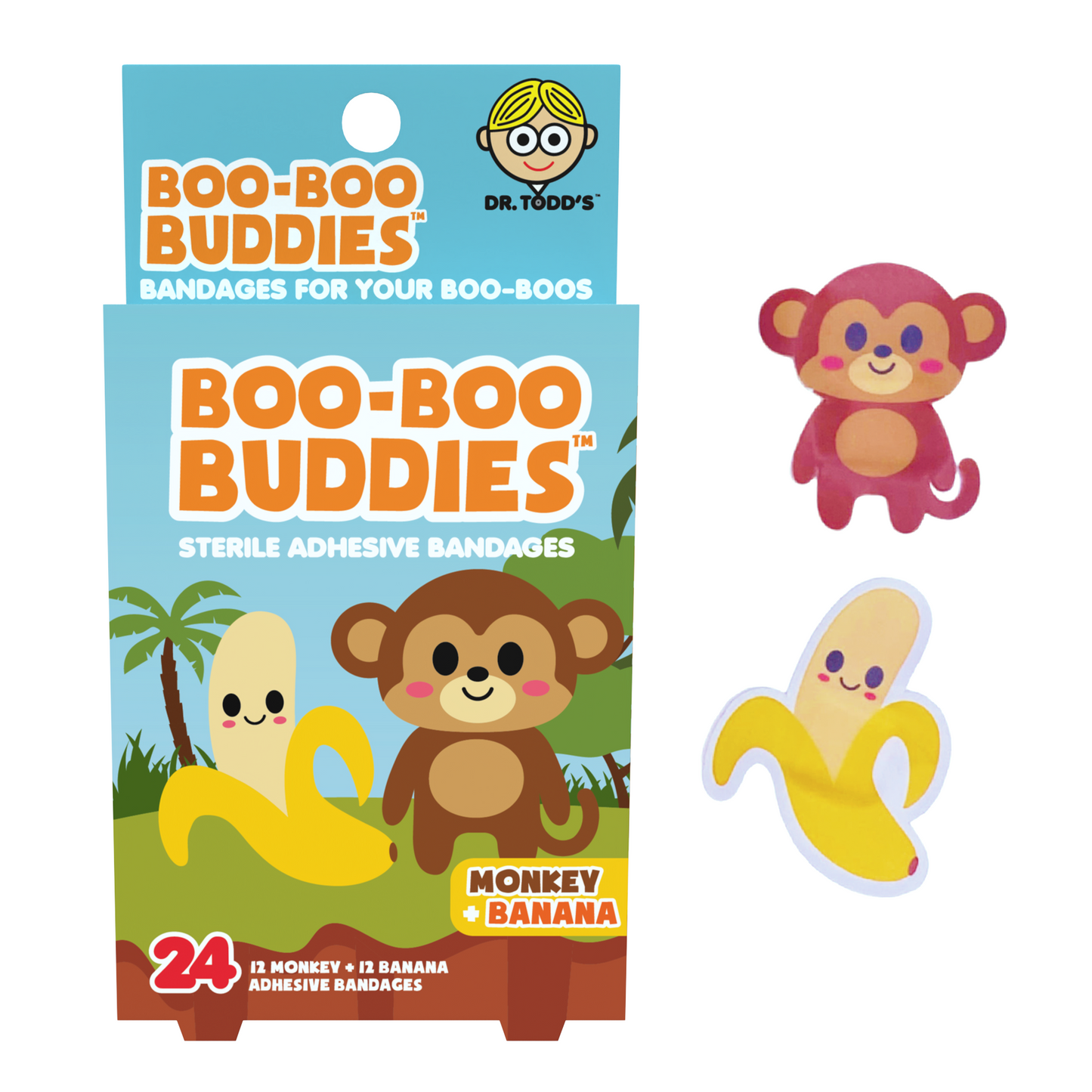 Kids Bandages – Monkey + Banana (24 Count, Latex-Free)