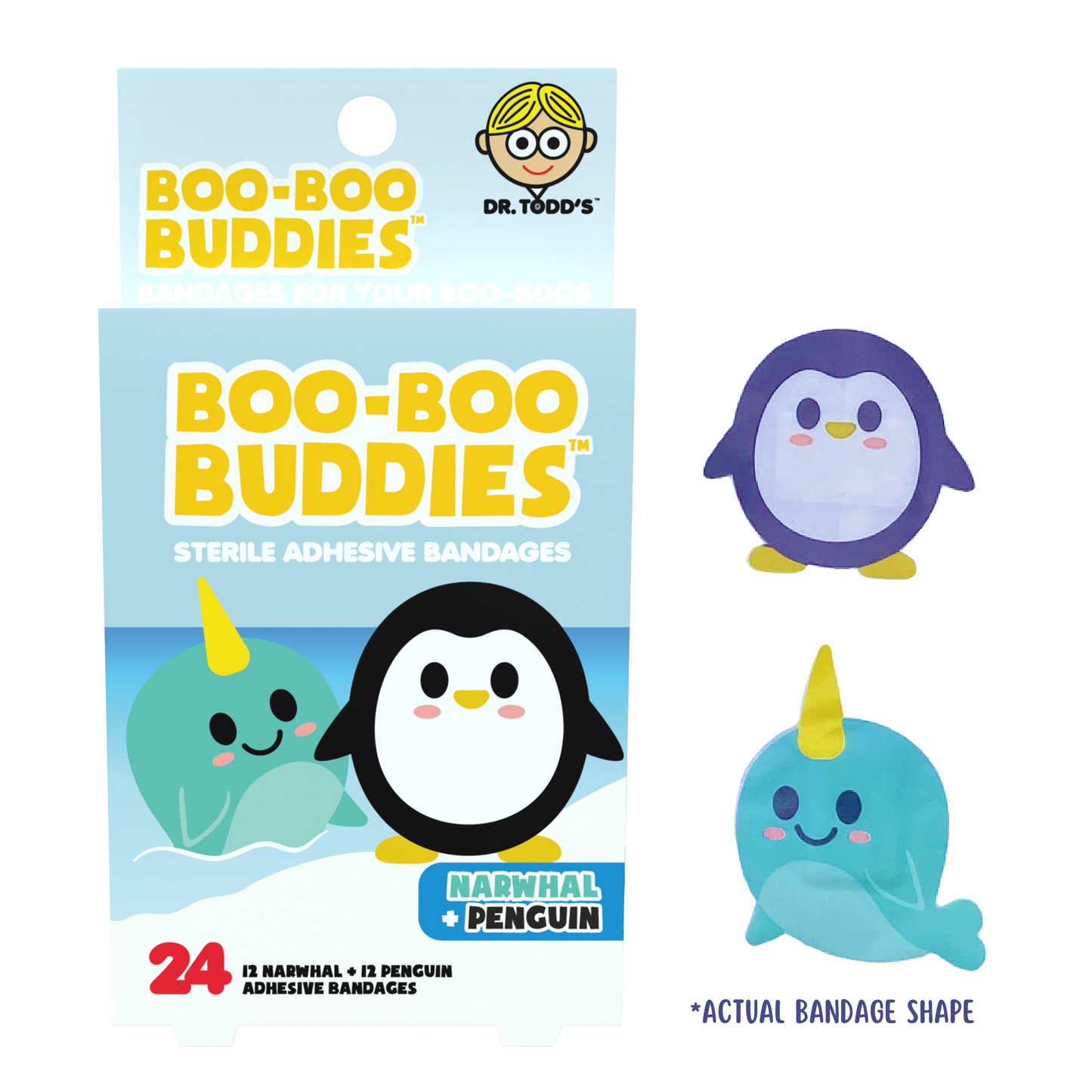 Kids Bandages – Narwhal + Penguin (24 Count, Latex-Free)