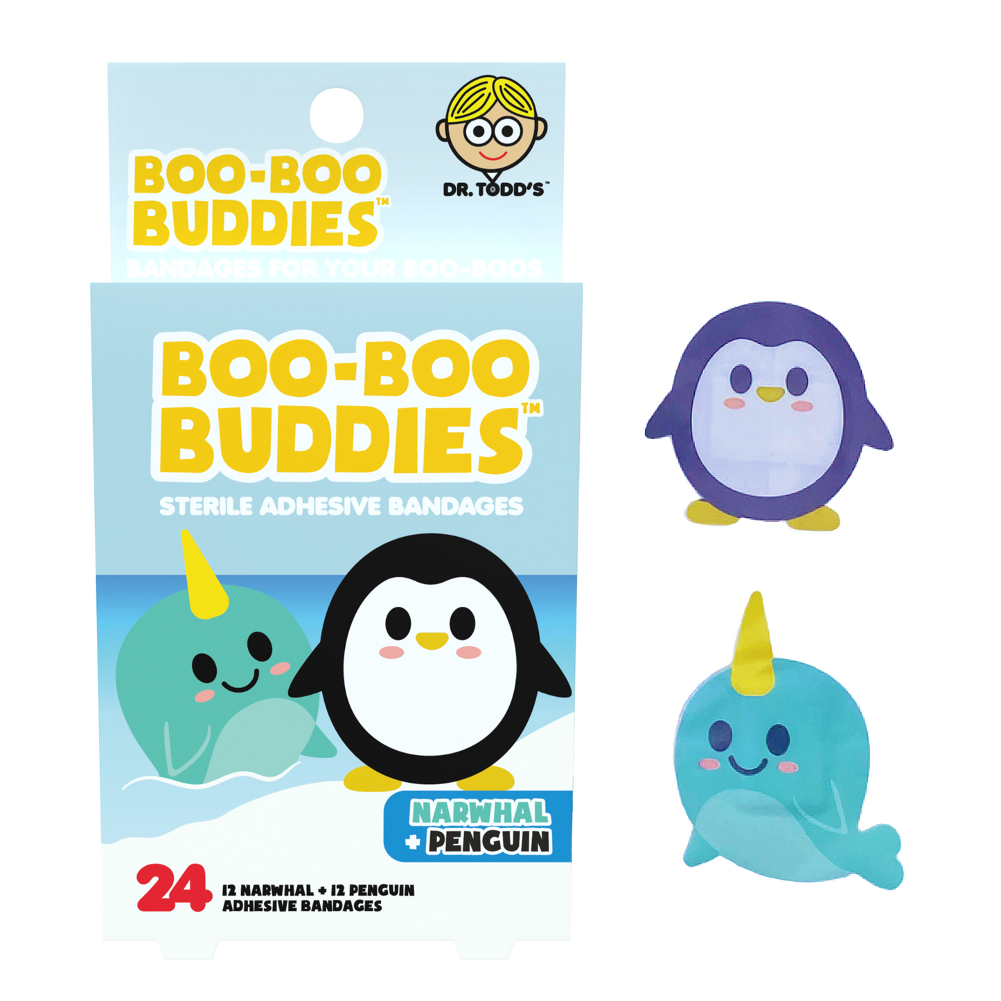 Kids Bandages – Narwhal + Penguin (24 Count, Latex-Free)