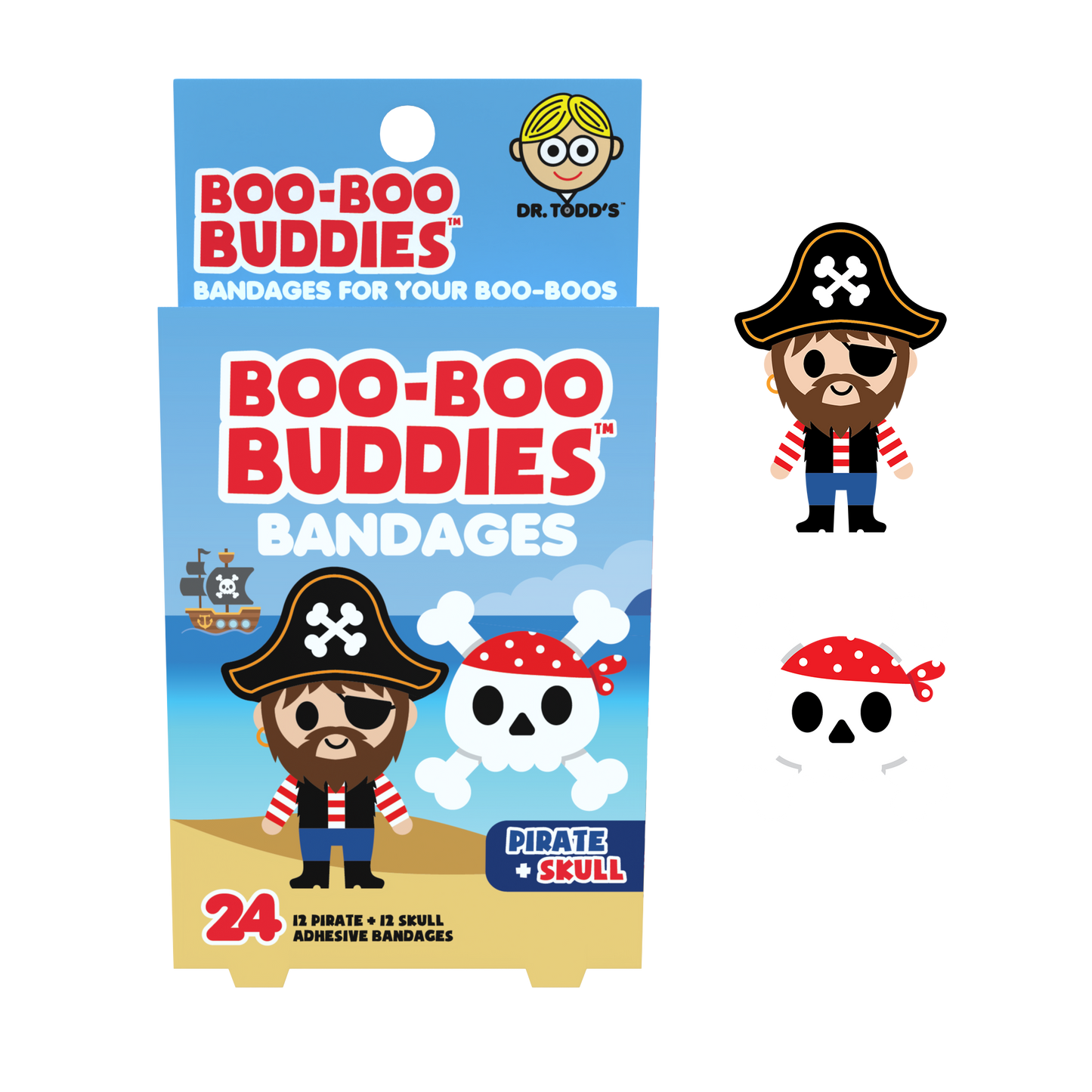 Kids Bandages – Pirate + Skull (24 Count, Latex-Free)