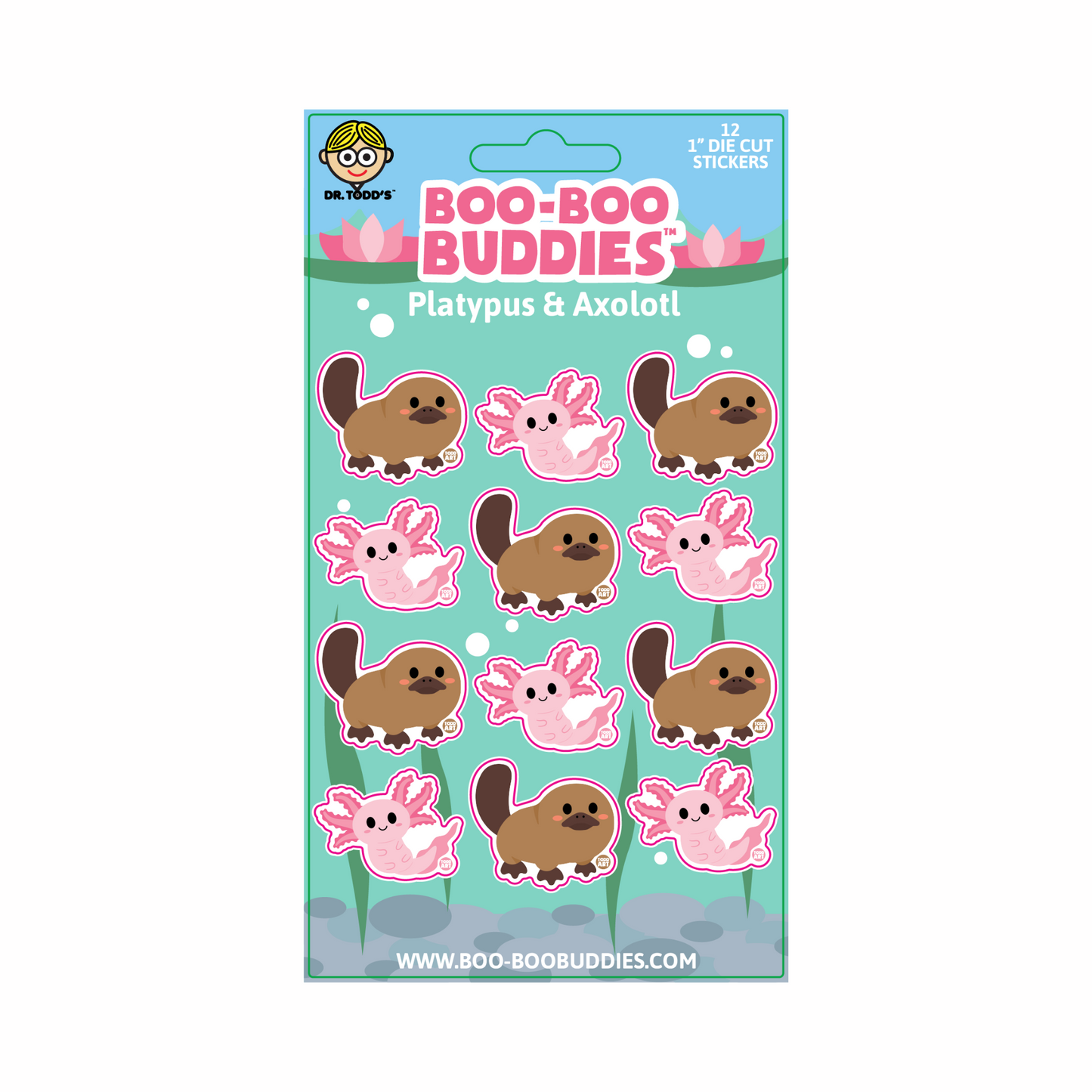 Boo-Boo Buddies® Platypus and Axolotl Sticker Sheet with 12 cute 1-inch animal stickers—perfect for crafts, water bottles, kids’ rewards, and collectible aquatic-themed fun
