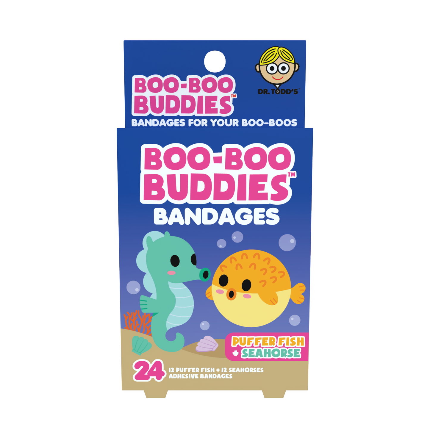 Kids Bandages – Pufferfish + Seahorse (24 Count, Latex-Free)