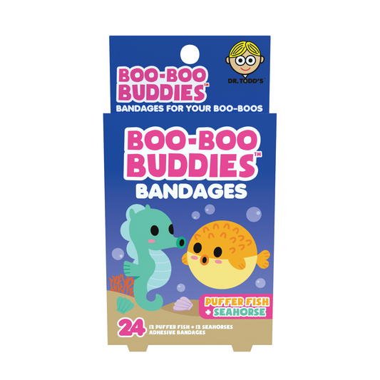 Kids Bandages – Pufferfish + Seahorse (24 Count, Latex-Free)