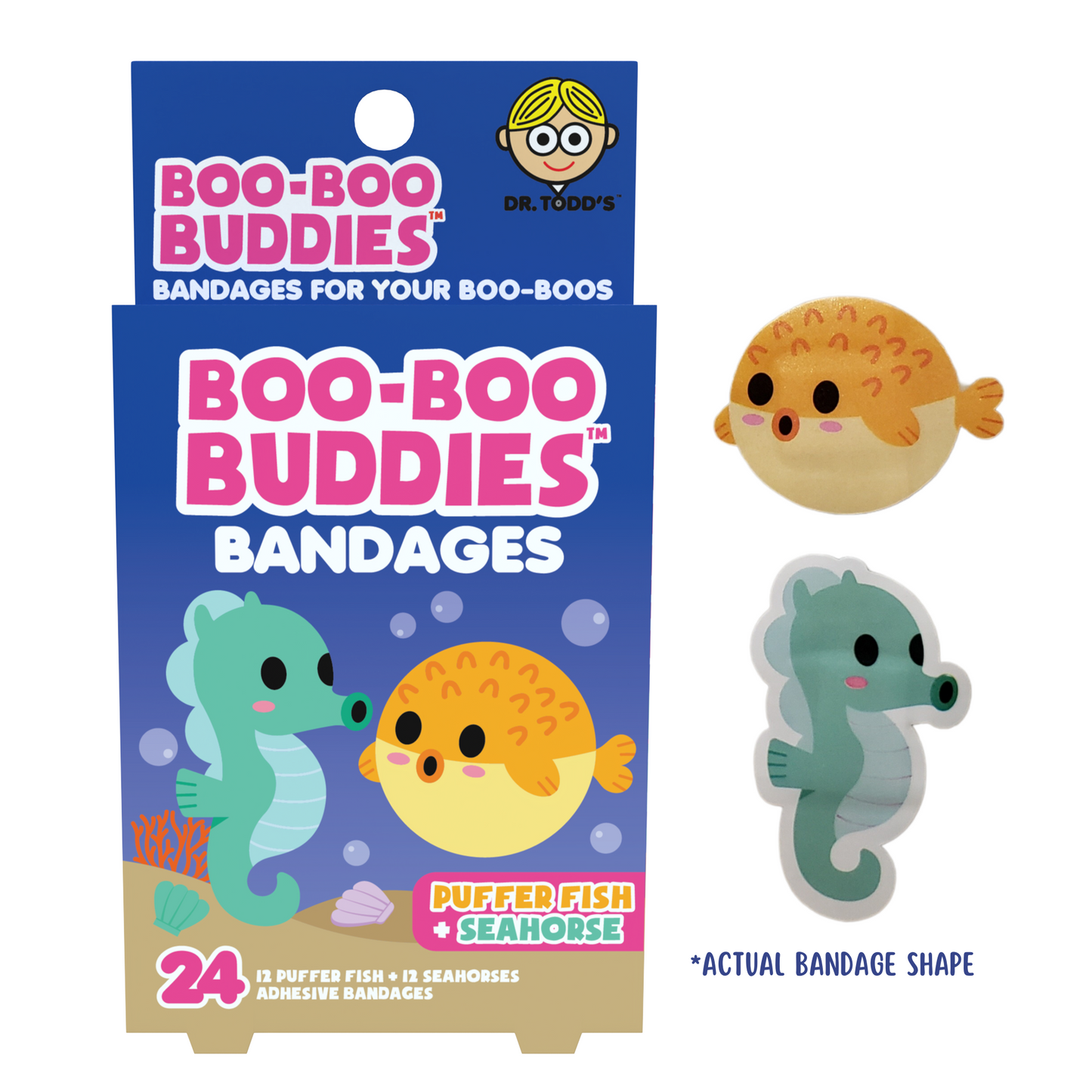 Kids Bandages – Pufferfish + Seahorse (24 Count, Latex-Free)