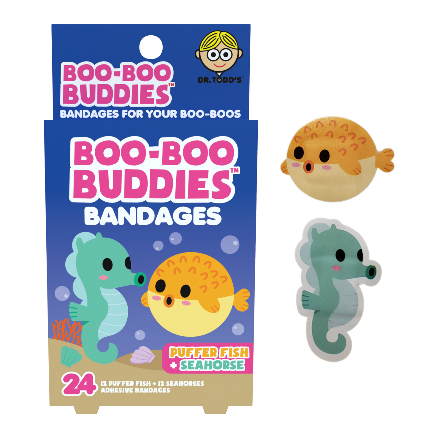 Kids Bandages – Pufferfish + Seahorse (24 Count, Latex-Free)