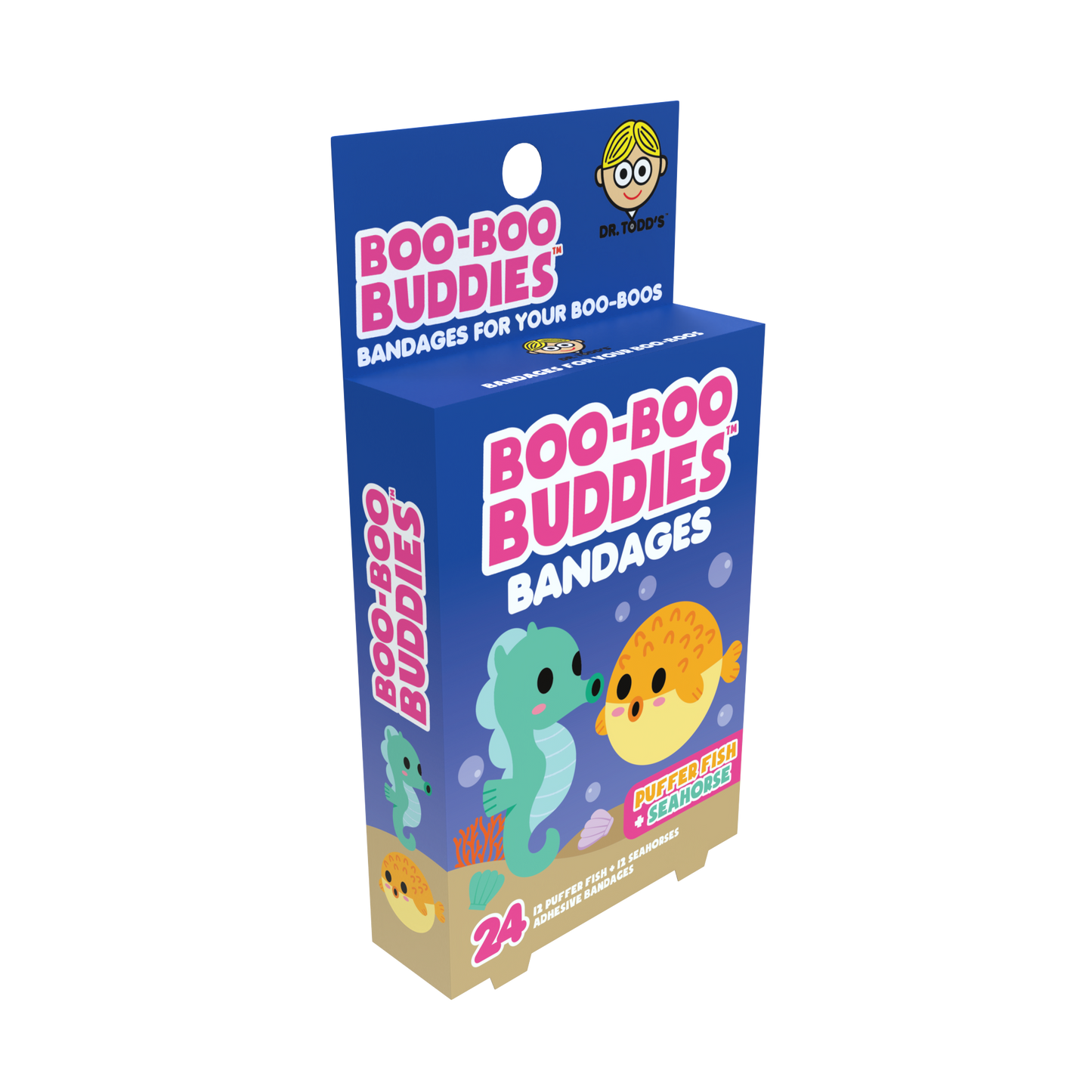 Kids Bandages – Pufferfish + Seahorse (24 Count, Latex-Free)