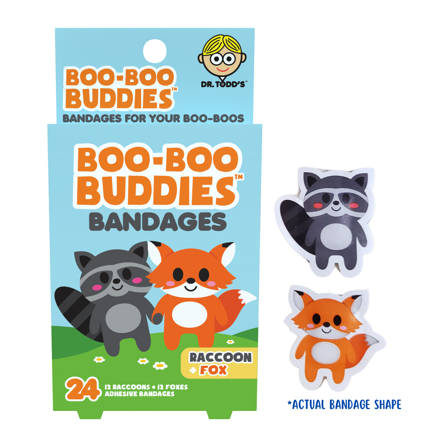 Kids Bandages – Raccoon + Fox (24 Count, Latex-Free)