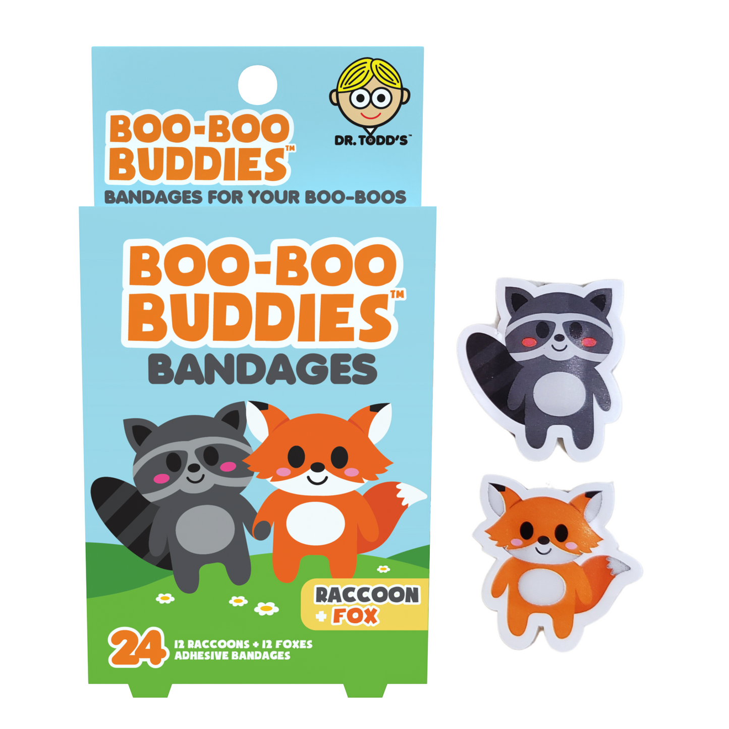 Kids Bandages – Raccoon + Fox (24 Count, Latex-Free)
