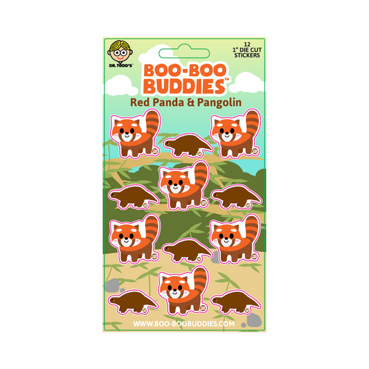 Boo-Boo Buddies® Red Panda and Pangolin Sticker Sheet with 12 cute 1-inch vinyl stickers featuring smiling red pandas and scaly pangolins, great for decorating laptops, water bottles, and school supplies
