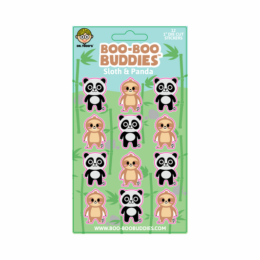 Cute 1-inch vinyl stickers with sleepy sloths and smiling pandas, great for decorating crafts, notebooks, and lunch boxes.