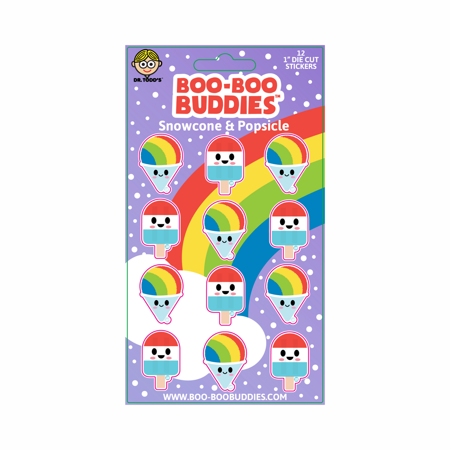 Colorful 1-inch vinyl stickers with snowcones and popsicles, great for decorating water bottles, crafts, and lunch boxes.